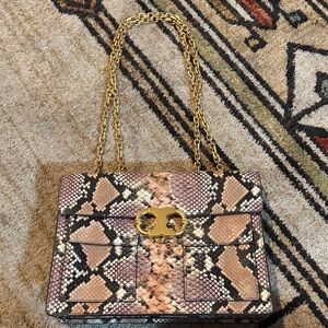 Tory Burch Elegant Snake Print Handbag with Gold Chain